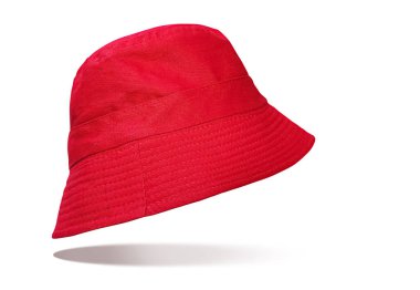 Beyaz arka planda kırmızı bir kova şapka yüzüyor..