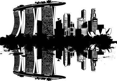 Singapur 'un Siyah ve Beyaz Silueti Skyline, Zarif Vektör Sanatı