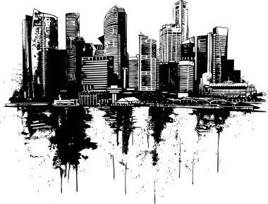 Beyaz Arkaplanda Singapur Skyline 'ın 2B Çizimi, Klasik Resim