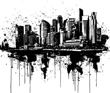 Beyaz Arkaplanda Singapur Skyline 'ın 2B Çizimi, Klasik Resim