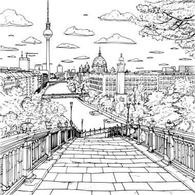 Çocuklar için Berlin Peyzaj Renklendirme Resmi, Ayrıntılı Arkaplan