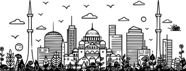 Kentsel İstanbul Şehri Yeşil Çizgili Skylines Sanat, Detaylı Çizim