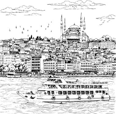 İstanbul Şehri, Urban Skyline 'ın Panoramik Çizgi Vektörü