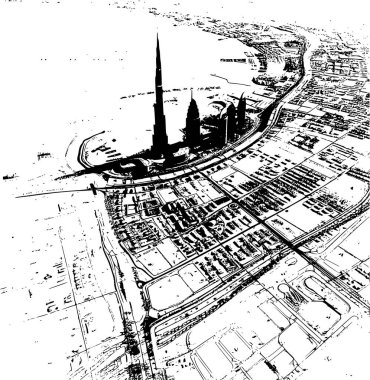 Aerial View Wireframe Map of Dubai, Geometric Representation clipart