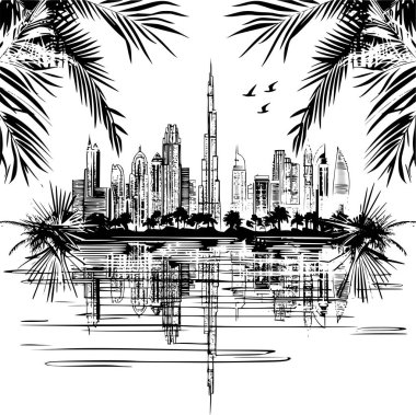 Yeşillik ve Ayrıntılı Çizim ile Şehir Dubai Şehir Skylines Sanat