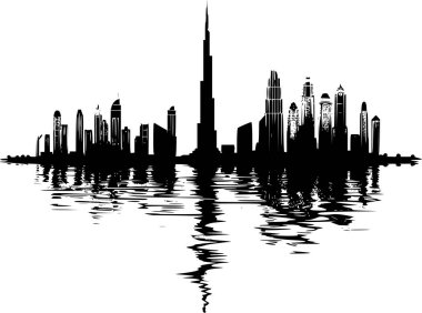 Dubai Skyline 'ın Siyah ve Beyaz Silueti, Zarif Vektör Sanatı