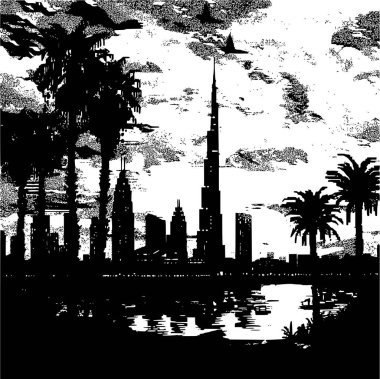 Dubai in Black and White Color Palette, Pixel Art Delight