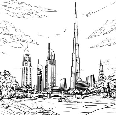 Çocuklar için Dubai Peyzaj Renklendirme Resmi, Ayrıntılı Arkaplan