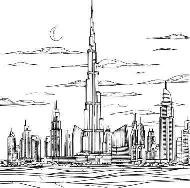 Çocuklar için Dubai Peyzaj Renklendirme Resmi, Ayrıntılı Arkaplan