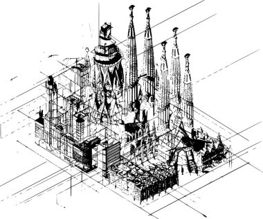 Barcelona şehrinin Isometric Wireframe 'i, Minimalist Hologram