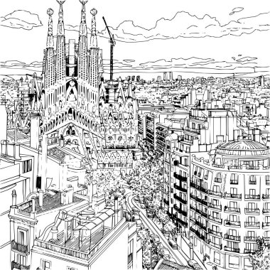 Çocuklar için Barcelona Peyzaj Renklendirme Resmi, Ayrıntılı Arkaplan