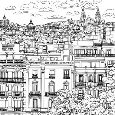 Çocuklar için Barcelona Peyzaj Renklendirme Resmi, Ayrıntılı Arkaplan