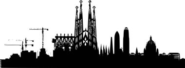 Barcelona 'nın Siyah ve Beyaz Silueti Skyline, Zarif Vektör Sanatı