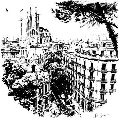 Barcelona 'nın Sanatsal Siyah ve Beyaz Çizimi, Amblematik Stil