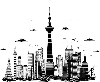 Tokyo 'nun Skyline Manzarası, Siyah ve Beyaz Tokyo Skyline Etiketi