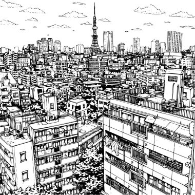Tokyo Tek Renkli Çizim, Tokyo Şehri Siyah ve Beyaz Çizgi Çizimi