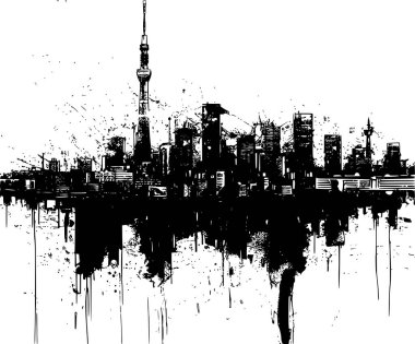 2D Tokyo Illustration, 2D Tokyo Skyline 'ın Beyaz Arkaplan Üzerine Çizimi