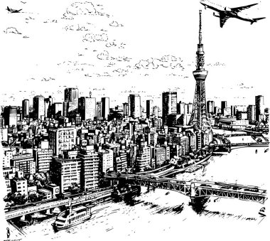 2D Tokyo Illustration, 2D Tokyo Skyline 'ın Beyaz Arkaplan Üzerine Çizimi
