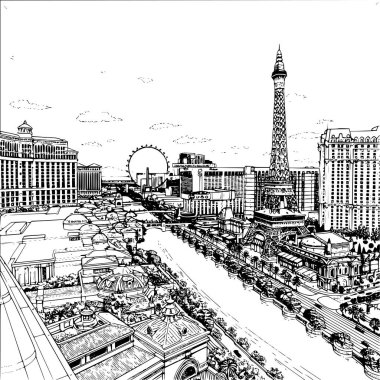 Las Vegas Skyline in Black and White, Monochrome City Skyline Illustration