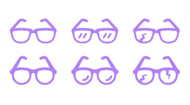 Gözlük ikonu koleksiyonu. Güneş gözlüğü, gözlük ve kırık gözlük simgesi içeriyor.