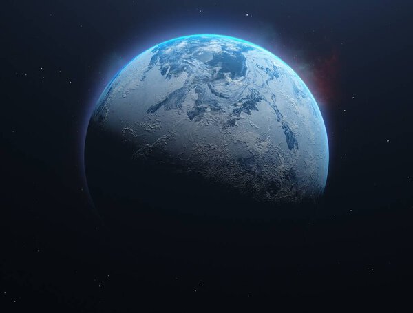 Sphere of nightly Earth planet in outer space. A planet with a blue star and earth in background. Panoramic view of the Earth