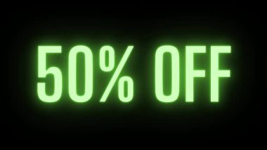 Parlayan neon ışıklarının yüzde 50 'si kapalı. % 50 indirimli dinamik animasyon. Satış ve iş kavramı.