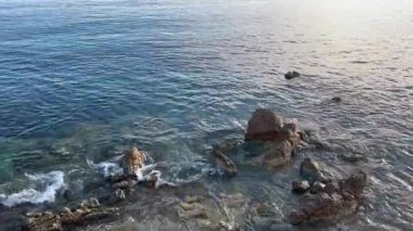 Dalgalar kayalık kıyılara çarpıyor.