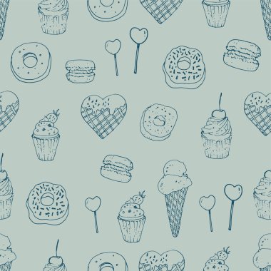 Farklı dondurma, kek, badem kurabiyesi, şeker ve donut çeşitleriyle şirin, pürüzsüz bir el çizimi. Tatlı tatlılar ile karalama dokusu. Kafe ya da restoran menüsü için mükemmel bir geçmiş. 