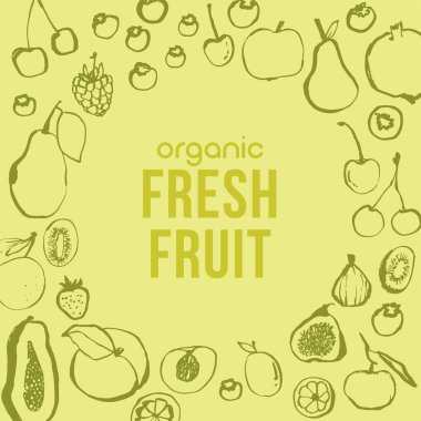 Mağaza için taze meyve organik web pankartı tasarımı, Online Market, ev teslimatı vektör ilüstrasyonu. Meyve çizimi.. 