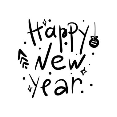 Mutlu yıllar, tasarım tebrik kartları, fotoğraf kaplamaları, baskılar, posterler için vektör metin. El çizimi mektuplar. Tasarım tebrik kartları, fotoğraf kaplamaları, davetiyeler için tatil illüstrasyonu.