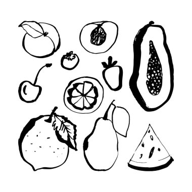 Meyve karalama ikonu seti. Papaya, şeftali, kiraz, karpuz, armut, çilek, portakal, yabanmersini 