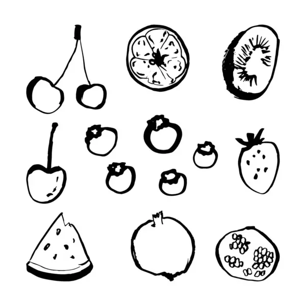 Meyve ve böğürtlen. Kiraz, mango, çilek, ahududu, yaban mersini, elma karalama çizimleri. Beyaz üzerine izole edilmiş şirin meyveler.