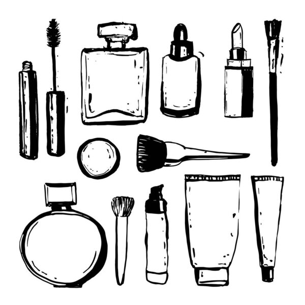 Набор рисунков с косметикой, банками и аксессуарами. Ручная иллюстрация. Векторное изображение для различных конструкций.