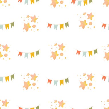 Elle çizilmiş yıldızlar ve çelenklerle kusursuz vektör deseni. Kumaş tekstil duvar kağıdı giysisi için modaya uygun bebek dokusu