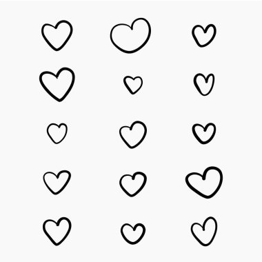 Dokuz el çizilmiş kalp. Beyaz arka planda izole edilmiş kabataslak işaretli kalpler. Grafik tasarımınız için vektör illüstrasyonu 