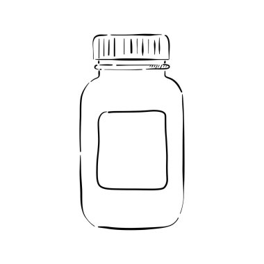 İlaç şişesi vektör illüstrasyonu. Cam ya da plastik şişedeki kapsül hapları. Çizim çizimi