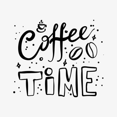 Kahve zamanı, modern alıntı. Kaligrafi ve harf vektör fırçası. Beyaz arkaplanda el yazısıyla yazılmış siyah metin izole edildi. Kahve zamanı ile ilgili bir konuşma. Tişört, baskı, afiş, kafe için tasarım. 