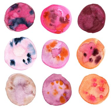 Suluboya daire dokusu. Tasarım için vektör suluboya daire elementleri. Markalaşma, selamlaşma, web siteleri, dijital medya, davetiyeler, düğünler için mükemmel. Parlak renk vektör illüstrasyonu.  