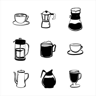 Kahveciler için hazır. İzole kahve elementleri. Fransız presi, bardak, bardak, çaydanlık. Menü için ikon koleksiyonu, kahve dükkanı. El çizimi modern Vektör illüstrasyonu