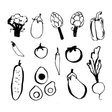 Elle çizilmiş sebzelerin vektör seti. Çizim çizimlerinin koleksiyonu. Kızılımsı, salatalık, patlıcan, biber, brokoli, kırmızı biber, domates, avokado.