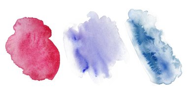 Suluboya damlaları, beyaz arka planda lekeler. Şekil tasarımı boş suluboya renkli yuvarlak şekiller, soyut tasarım elementleri.