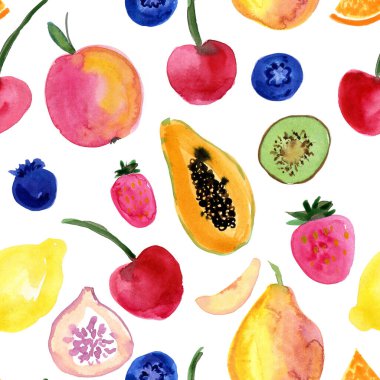 Şablon. Taze yemek. Papaya, yabanmersini, kiraz, Kivi, Limon, Elma, Çilek, Hindistan cevizi, şeftali, üzüm, incir