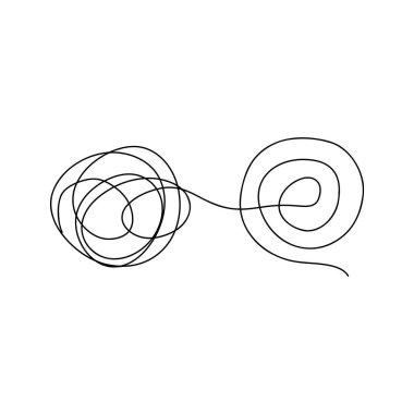 Beyaz arka planda izole edilmiş kaos ve düzen konsepti düz stil tasarım vektör çizimi. Karışık bozukluk spiral düzen hattına dönüşür, çözüm bul. Koçluk, akıl hocalığı veya psikoterapi.