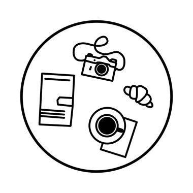 Hipster traveling  kit, view from top, vintage starter pack, doodle style in white, top view. Flat lay of travel kit icon