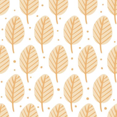 Sonbahar yapraklarıyla kusursuz desen. Moda düz stil. Arkaplan, giyim ve yayın tasarımları, kartlar, hediye paketleme kağıtları, ev dekorasyonu vs. için harika.