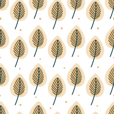 Sonbahar yapraklarıyla kusursuz desen. Moda düz stil. Arkaplan, giyim ve yayın tasarımları, kartlar, hediye paketleme kağıtları, ev dekorasyonu vs. için harika.