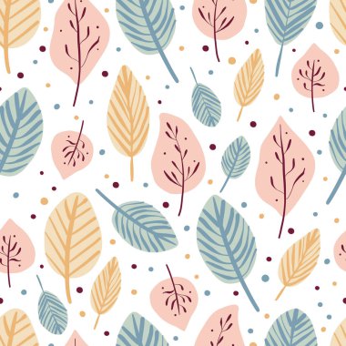Sonbahar yapraklarıyla kusursuz desen. Moda düz stil. Arkaplan, giyim ve yayın tasarımları, kartlar, hediye paketleme kağıtları, ev dekorasyonu vs. için harika.