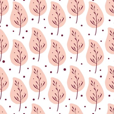 Sonbahar yapraklarıyla kusursuz desen. Moda düz stil. Arkaplan, giyim ve yayın tasarımları, kartlar, hediye paketleme kağıtları, ev dekorasyonu vs. için harika.