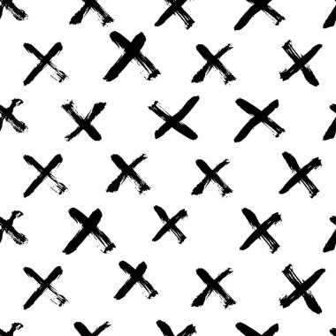 Doodle Hand haç ve artı işareti çizdi. Siyah haçları olan kusursuz bir model. Siyah boya fırçası geometrik deseni vurur. Duvar kağıdı, tekstil tasarımı, grafik tasarımı için iyi.