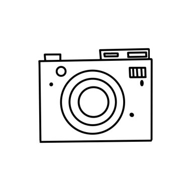 Doodle kamera, çekim ekipmanları. Çizim simgesi, karalama stilinde vektör illüstrasyonu. Beyaz arkaplanda izole et.